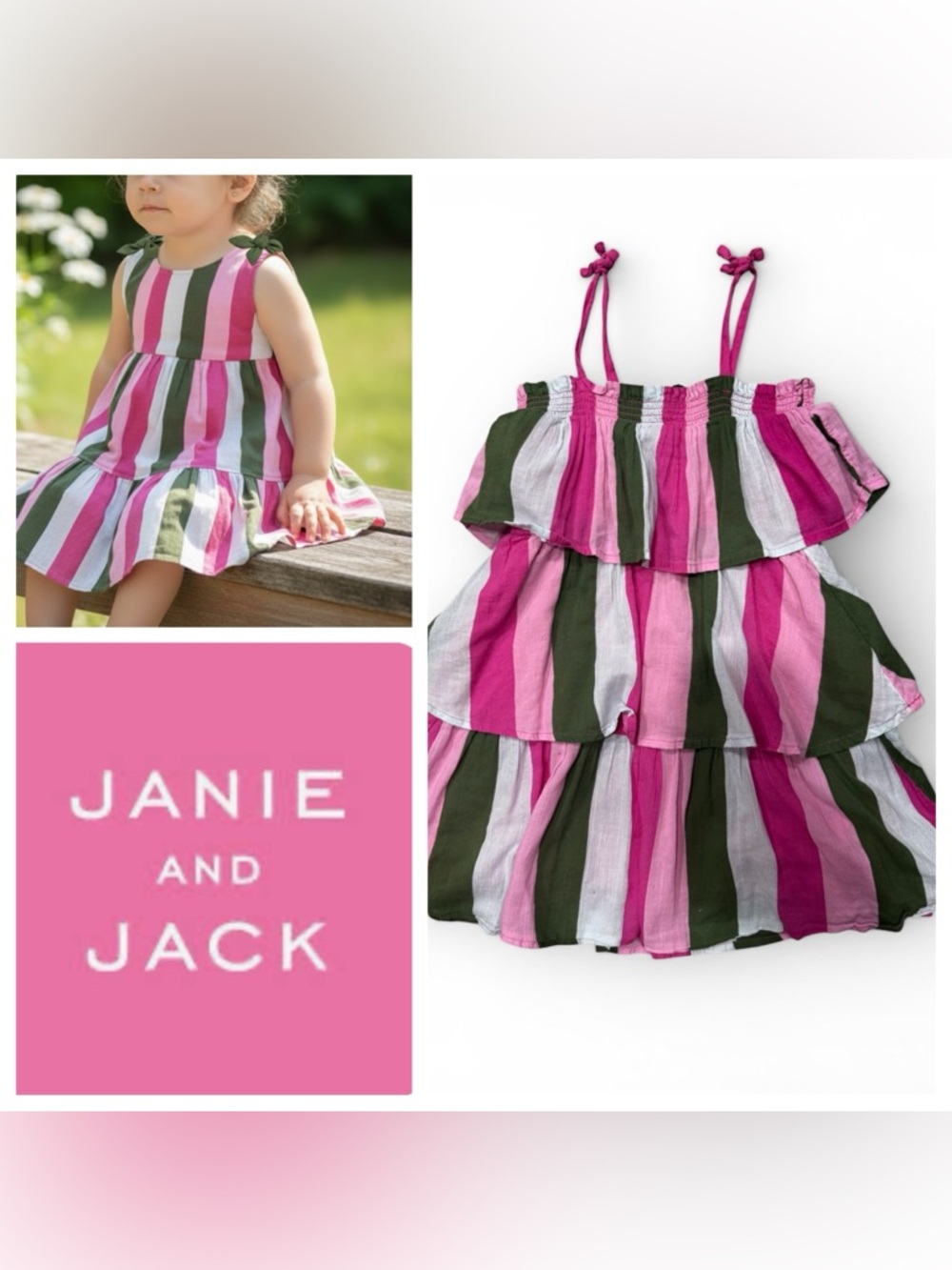 Janie and Jack Pink + Olive Stripe Tiered Sundress